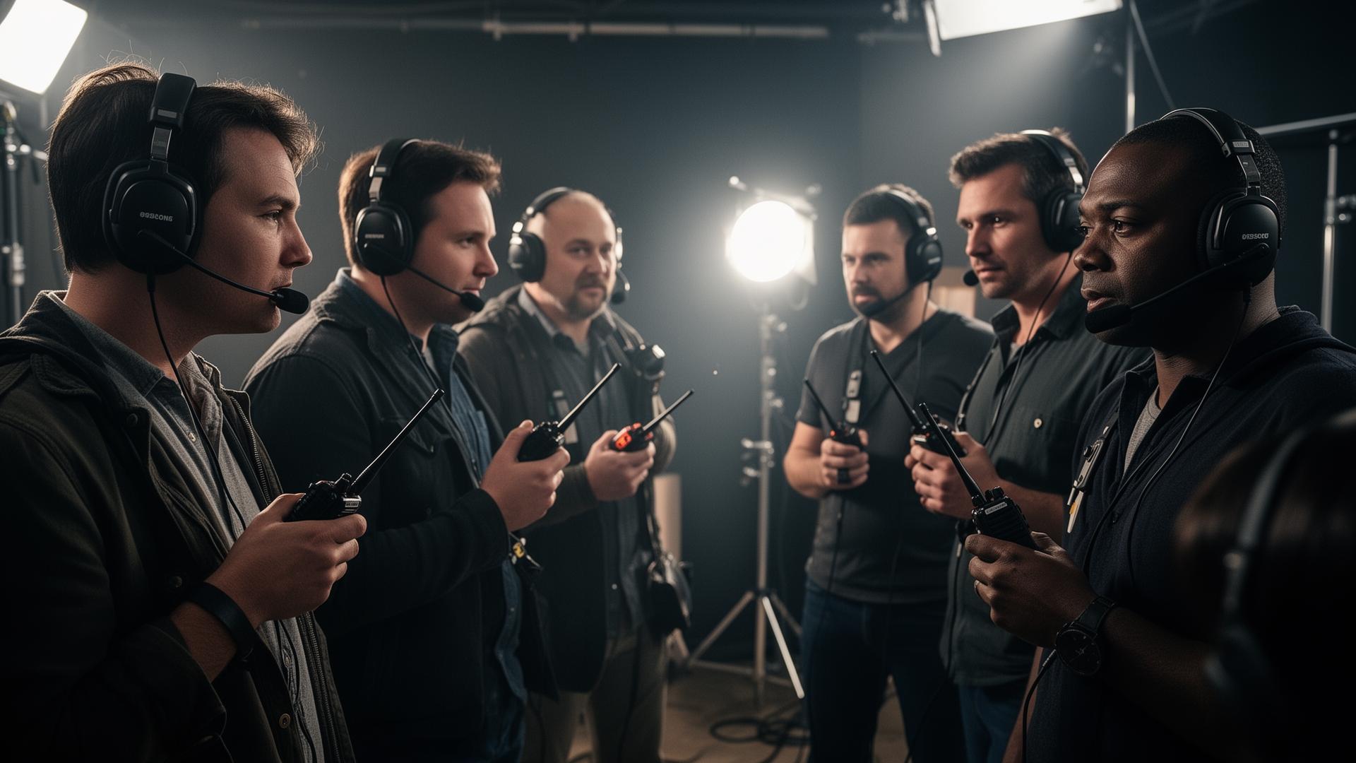 Film production crew using two-way radio communication
